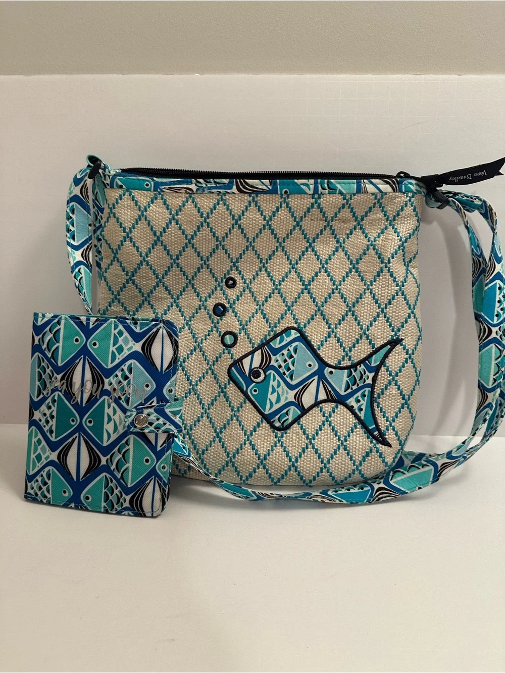 Vera Bradley Blue Teal Patterned Fish Crossbody Bag with Matching Wallet
